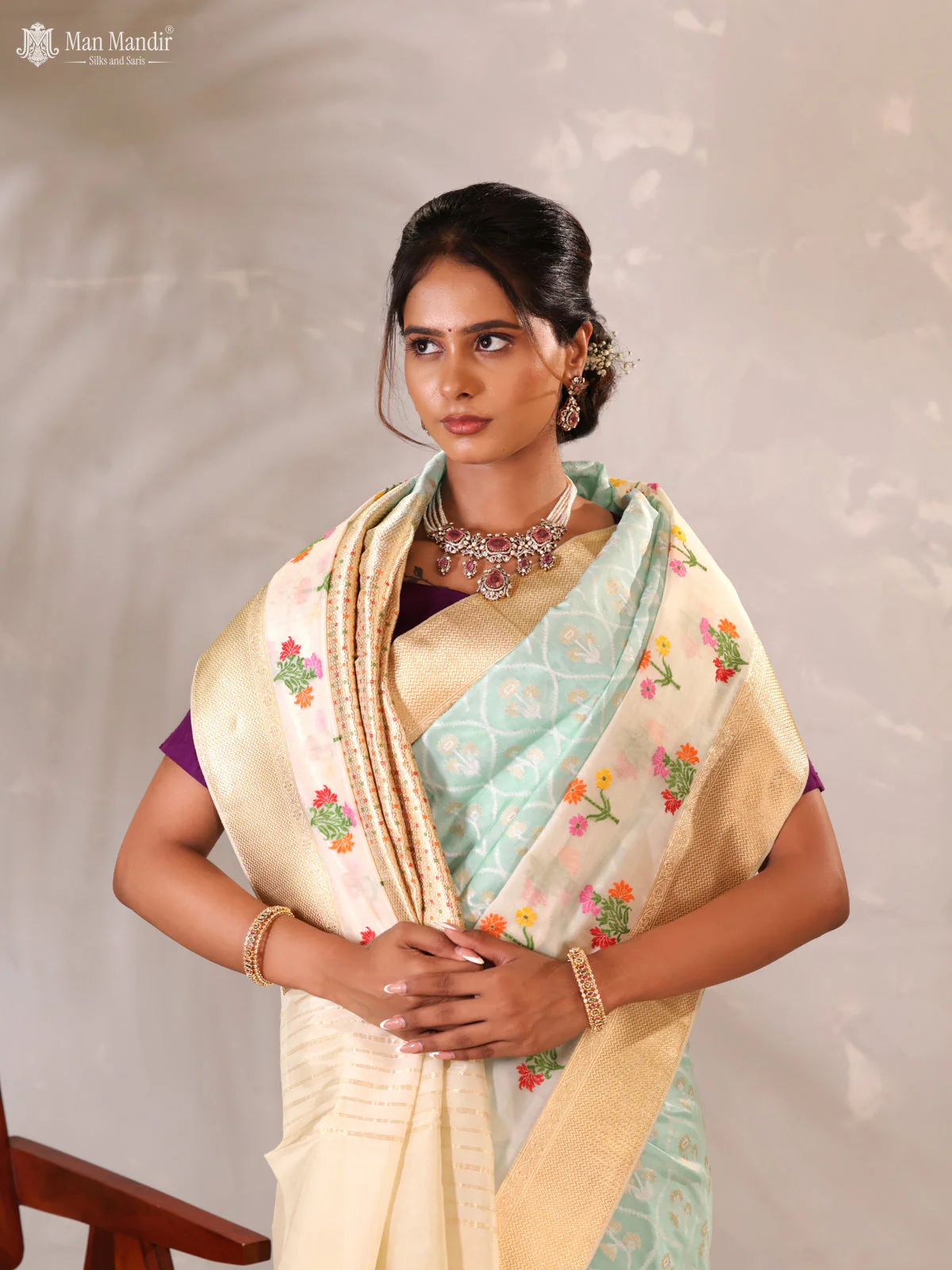 Teal Blue - Cream Banarasi Kadwa Silk Saree - Image 4