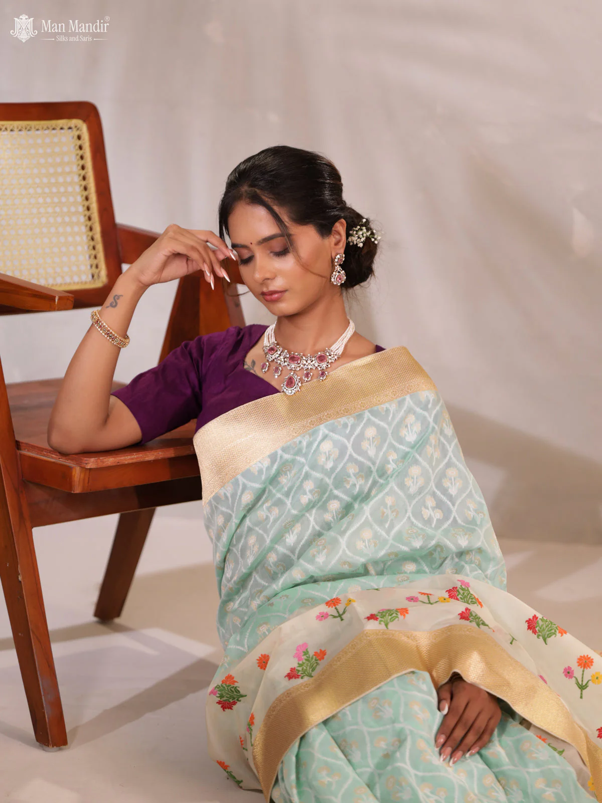 Teal Blue - Cream Banarasi Kadwa Silk Saree - Image 5