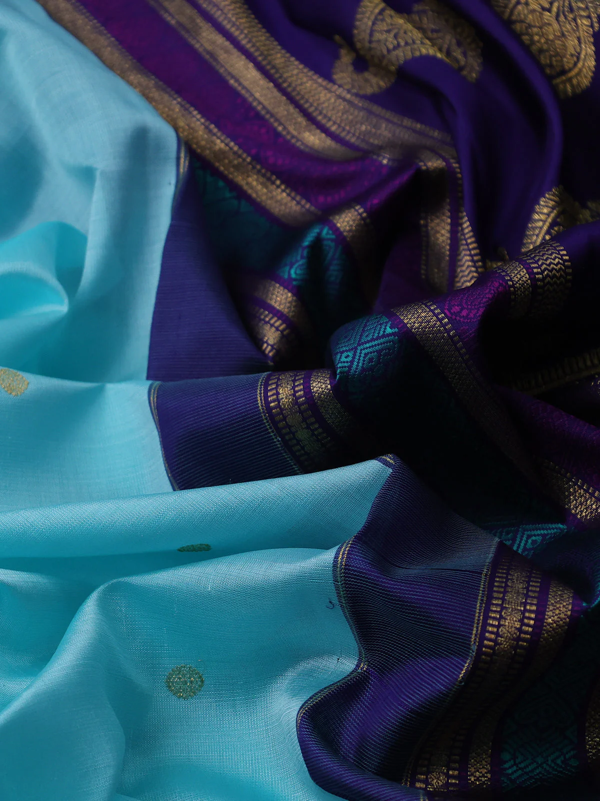 Teal Blue & Dark Blue Kanchipuram Kora Silk Saree With Zari Buttas & Rich Zari Border - Image 3