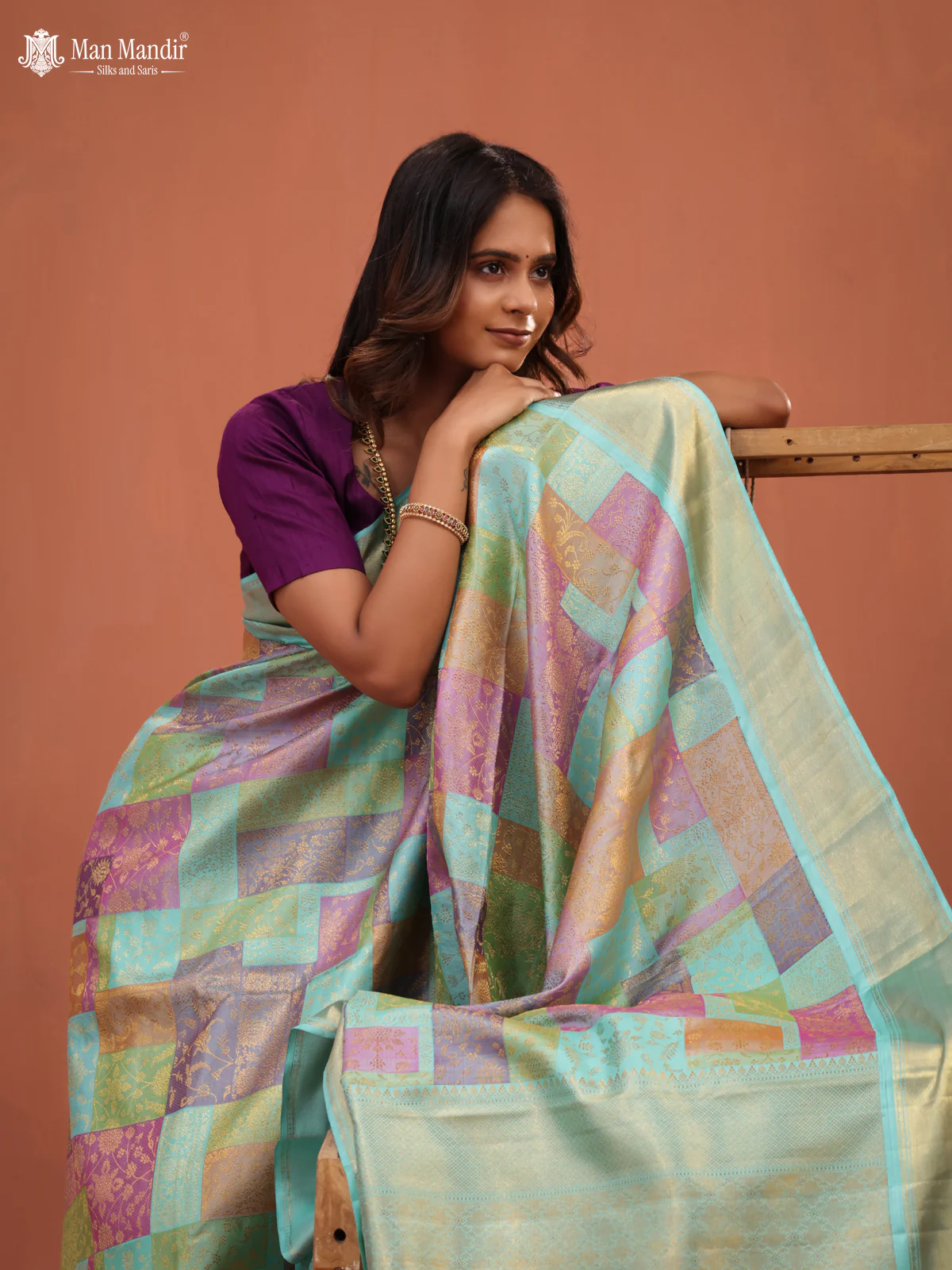 Teal Blue Kanchipuram Silk Saree - Image 3