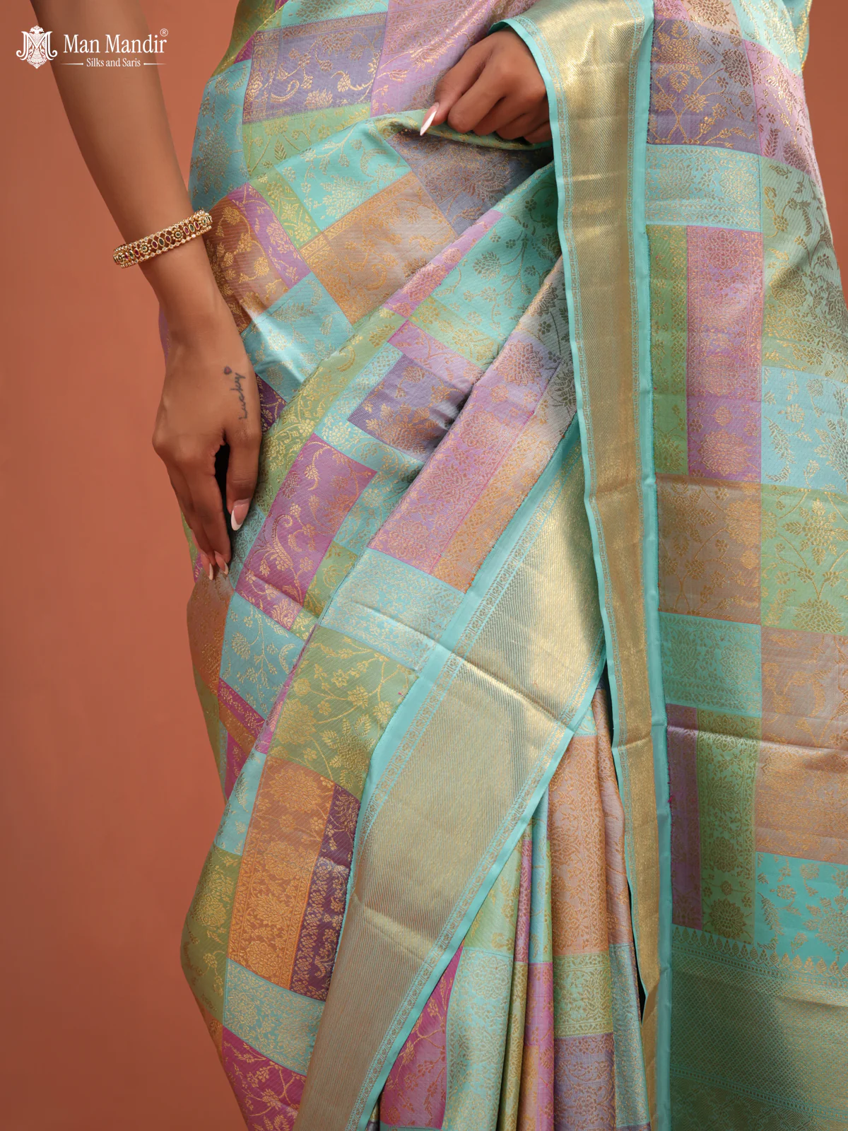 Teal Blue Kanchipuram Silk Saree - Image 4
