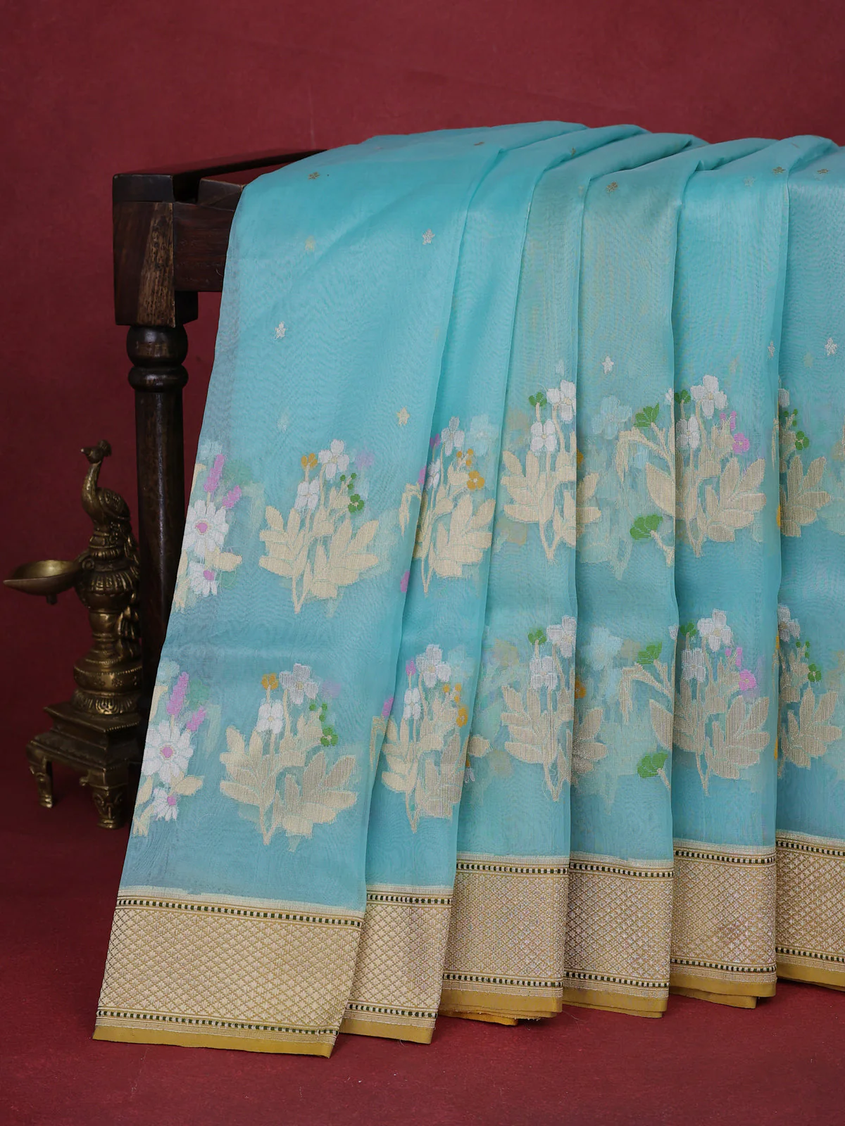 Teal Blue- Mustard Yellow Banarasi Kora Silk Saree