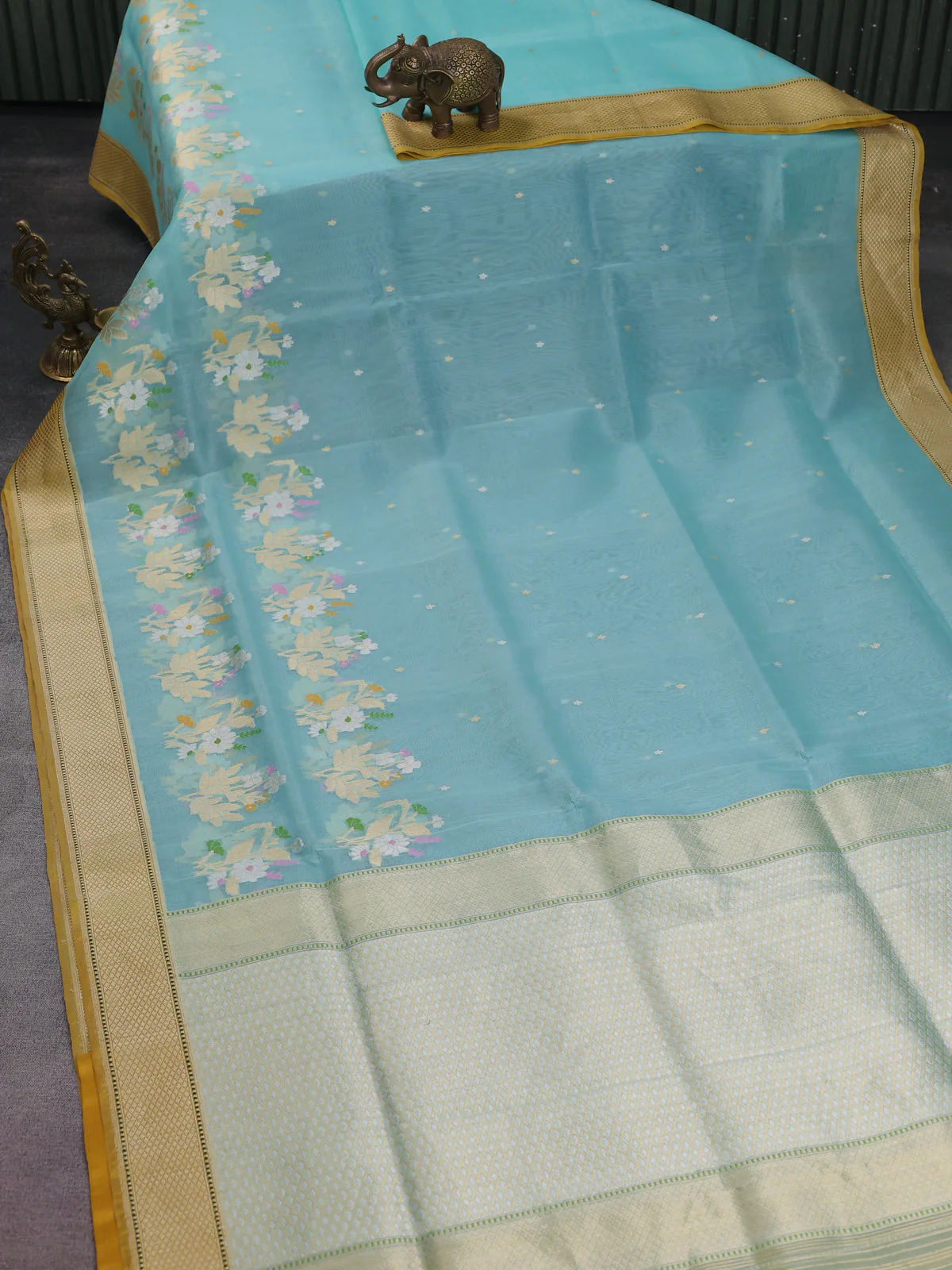 Teal Blue- Mustard Yellow Banarasi Kora Silk Saree - Image 2