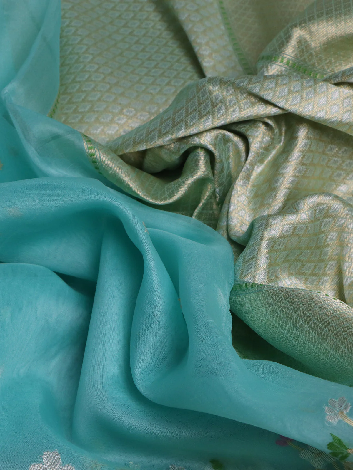 Teal Blue- Mustard Yellow Banarasi Kora Silk Saree - Image 3