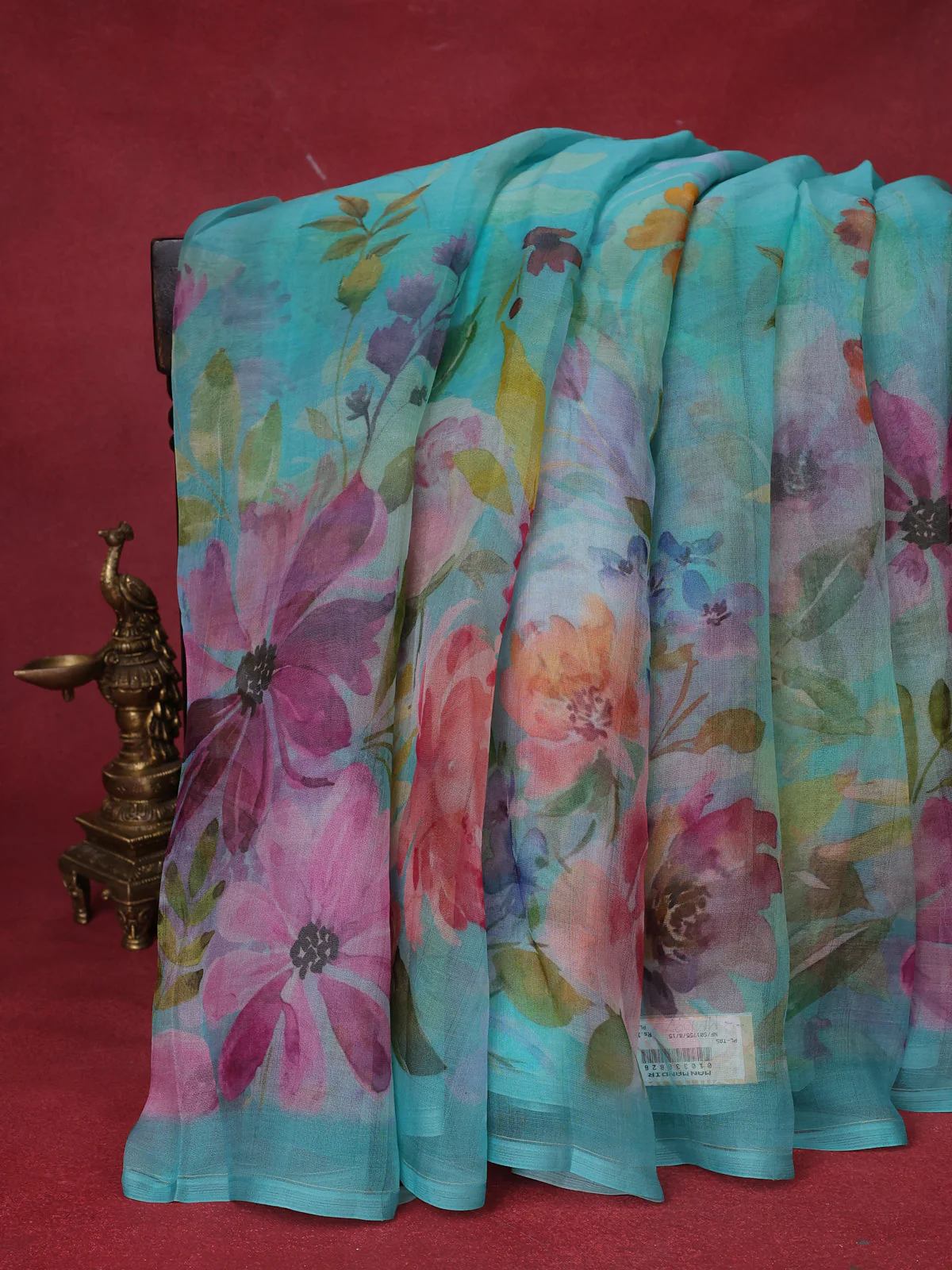 Teal Blue Organza Silk Saree - Image 2
