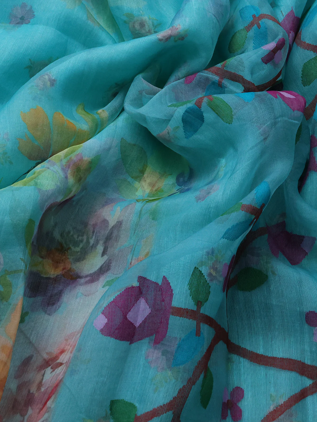 Teal Blue Organza Silk Saree - Image 3