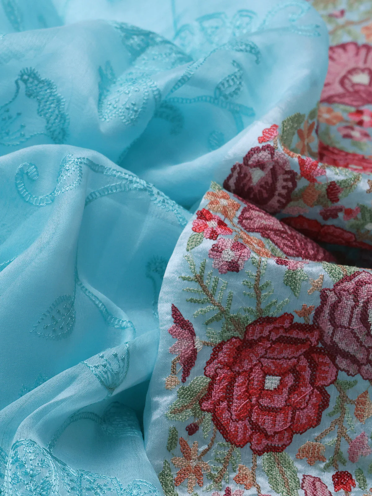 Teal Blue Organza Silk Saree With Allover Embroidery & Kutch Embroided Border - Image 3