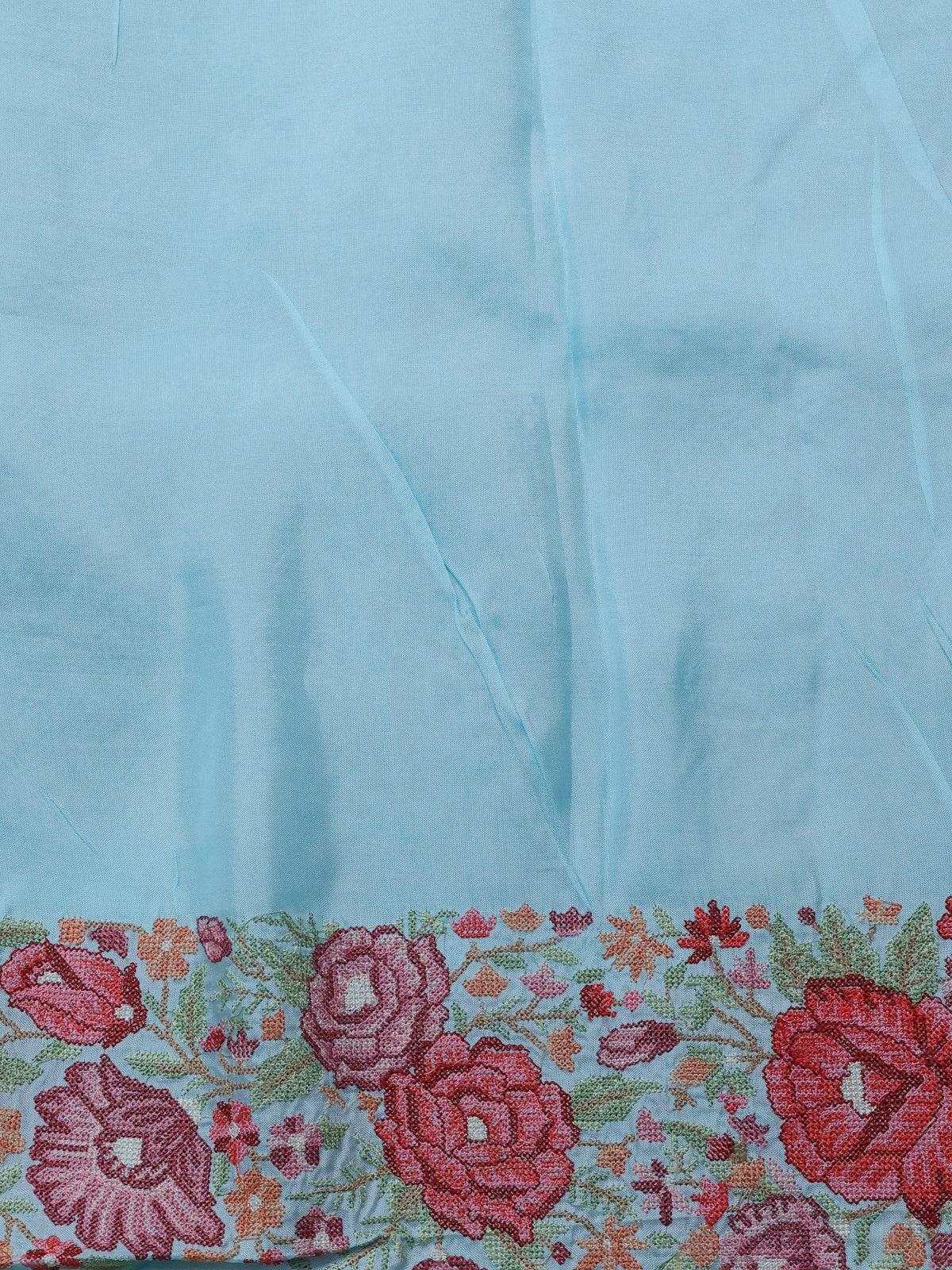 Teal Blue Organza Silk Saree With Allover Embroidery & Kutch Embroided Border - Image 4