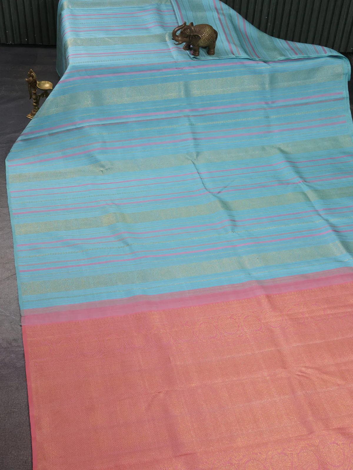 Teal Blue - Peach Pure Kanchipuram Silk Saree - Image 2