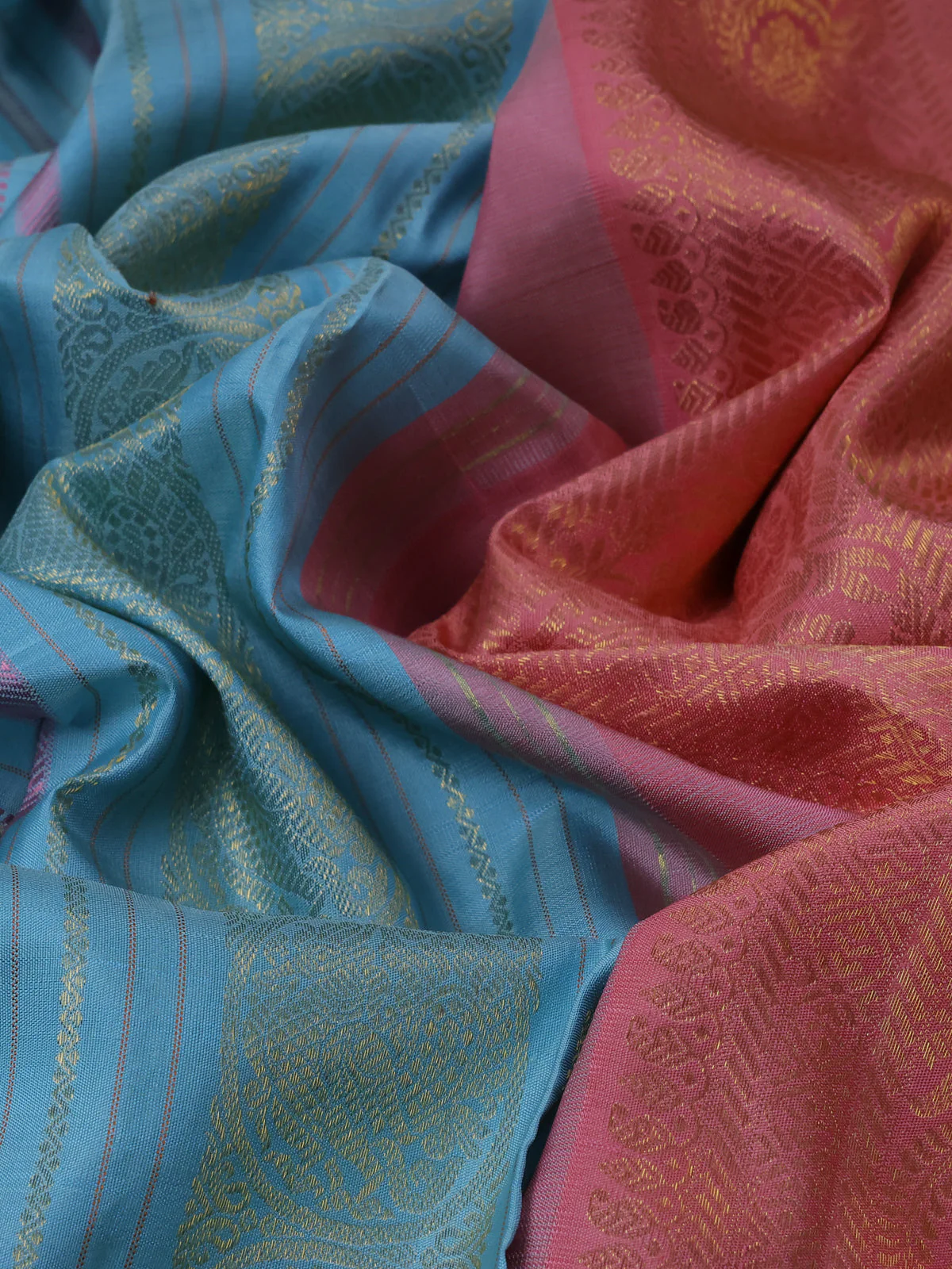 Teal Blue - Peach Pure Kanchipuram Silk Saree - Image 3