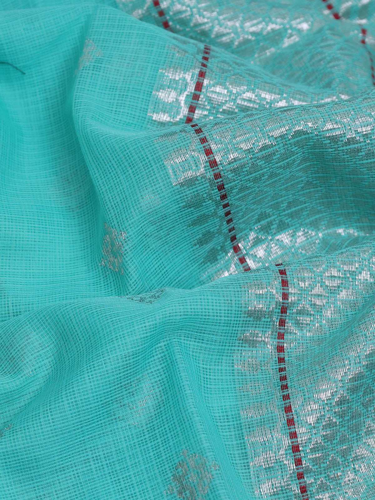 Teal Blue - Turquoise Blue Kota Cotton Real Zari Saree - Image 3