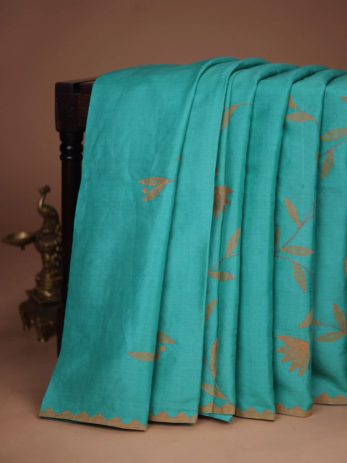 Teal Blue Tussar Silk Saree - Image 2