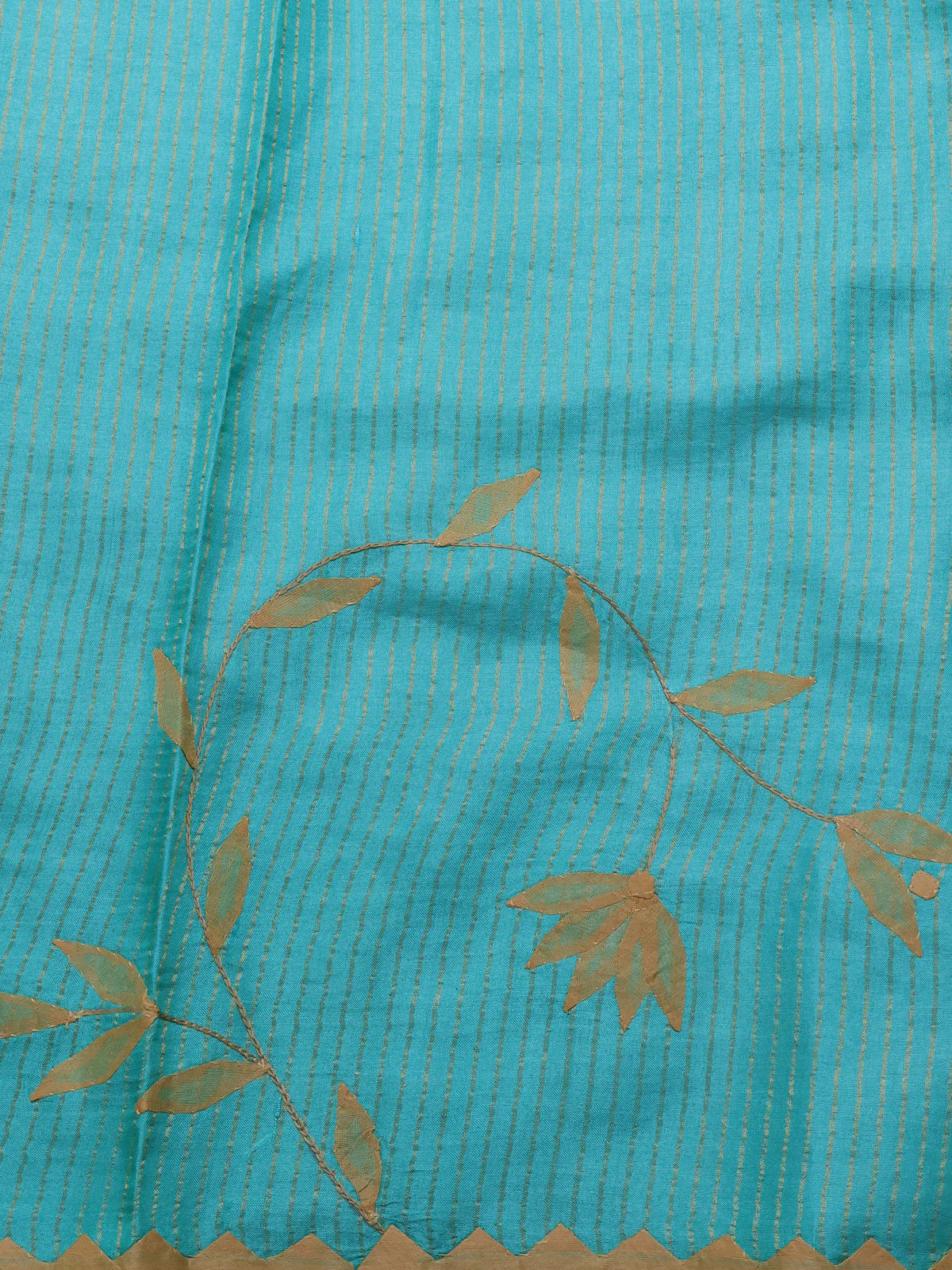 Teal Blue Tussar Silk Saree - Image 4