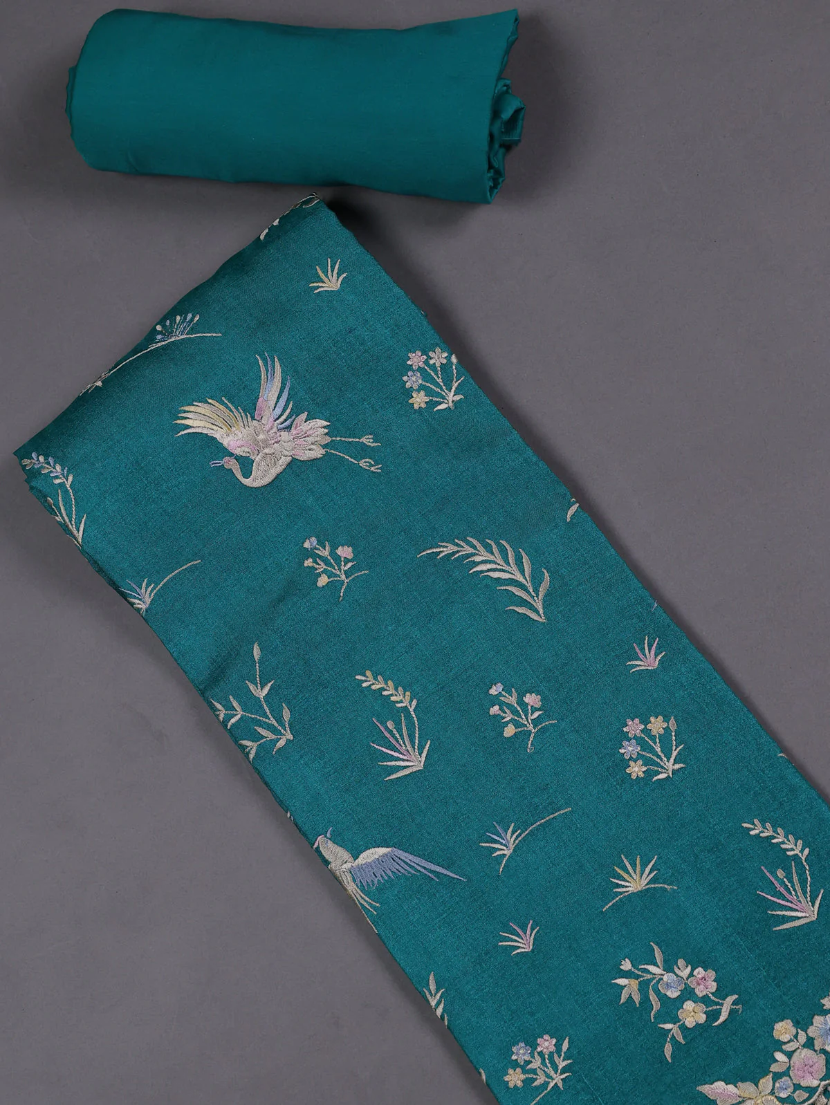 Teal Blue Tussar Silk Unstitched Suit - Image 2