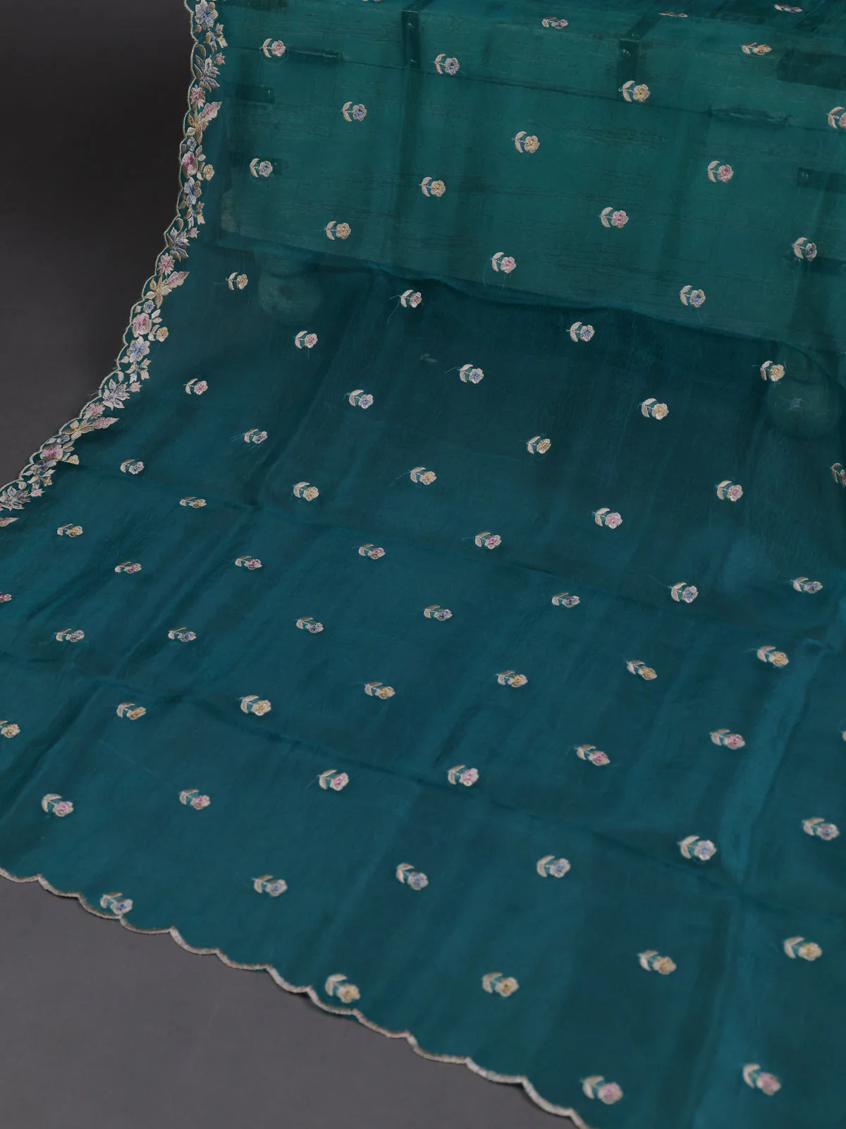 Teal Blue Tussar Silk Unstitched Suit - Image 3