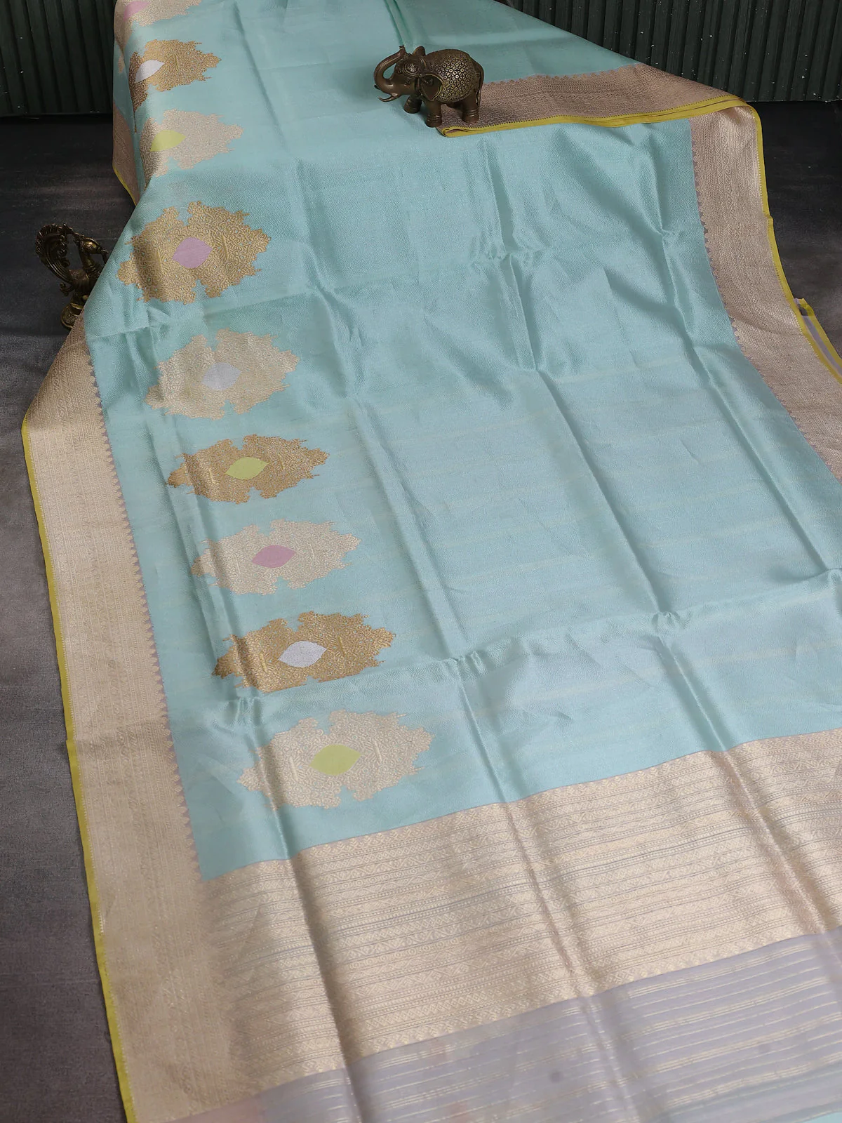 Teal Blue-Yellow Banarasi Kora Saree - Image 2