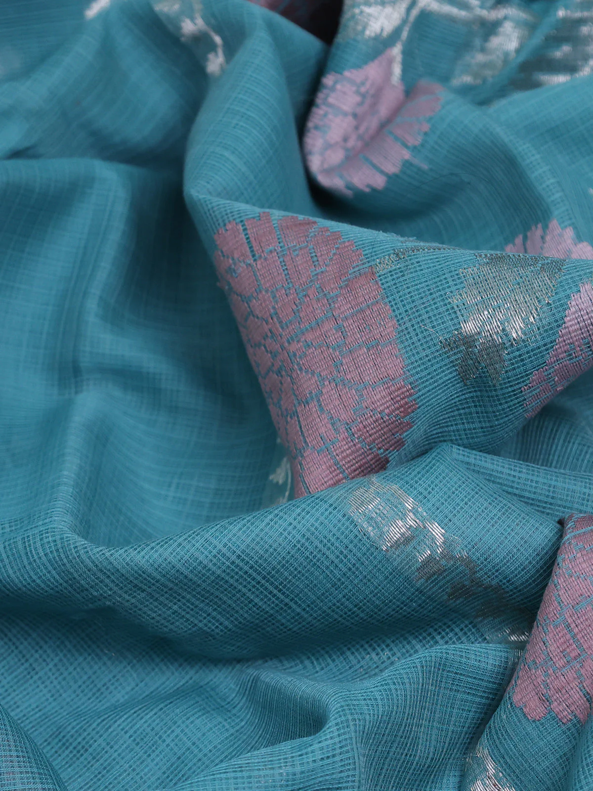 Teal Blue - Yellow Kota Cotton Real Zari Saree - Image 3