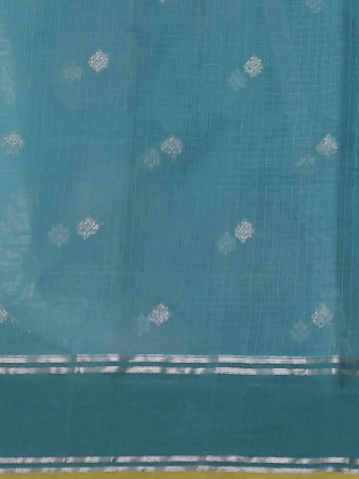 Teal Blue - Yellow Kota Cotton Real Zari Saree - Image 4