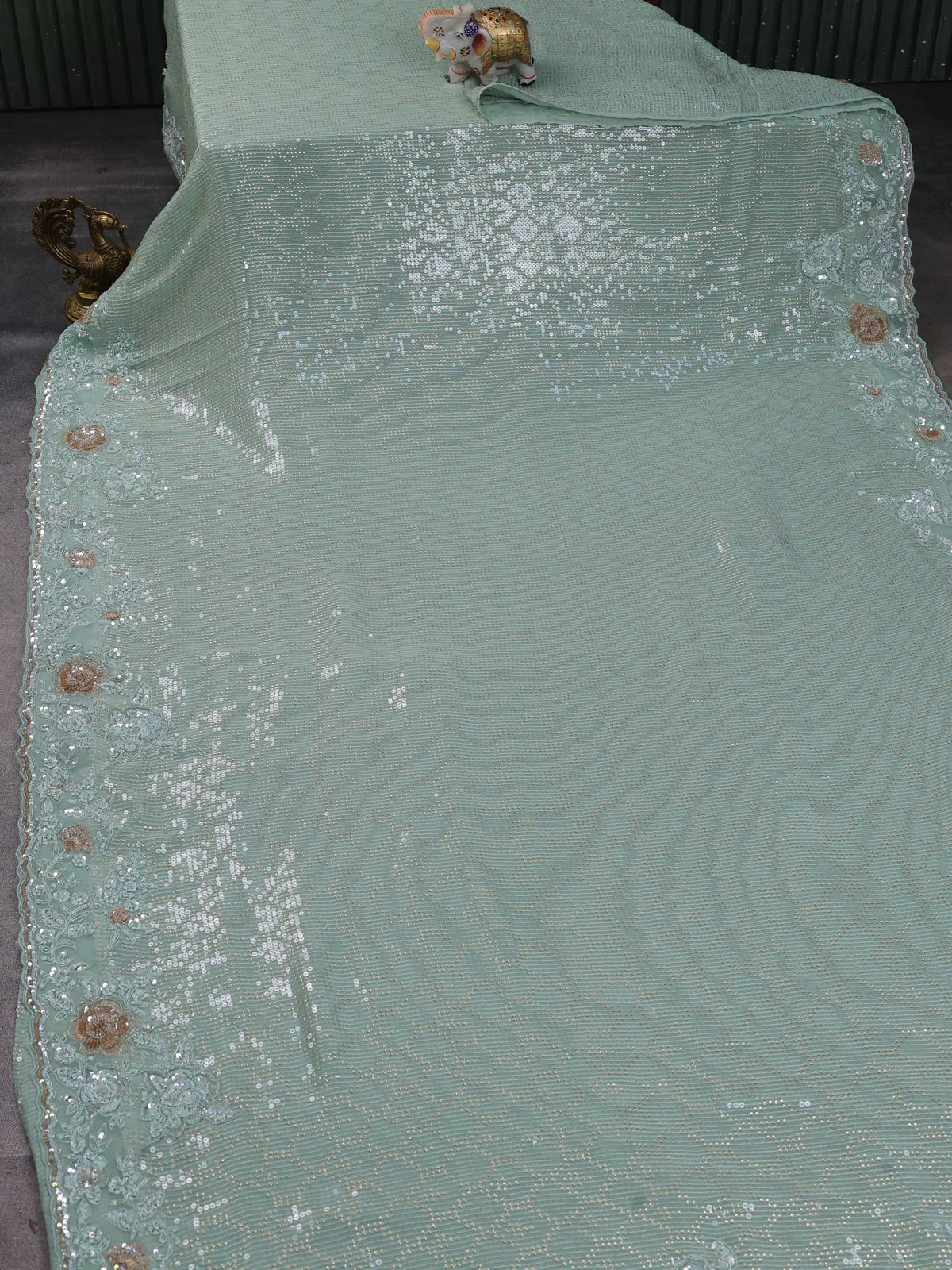 Teal Georgette Sequins Saree - Image 2
