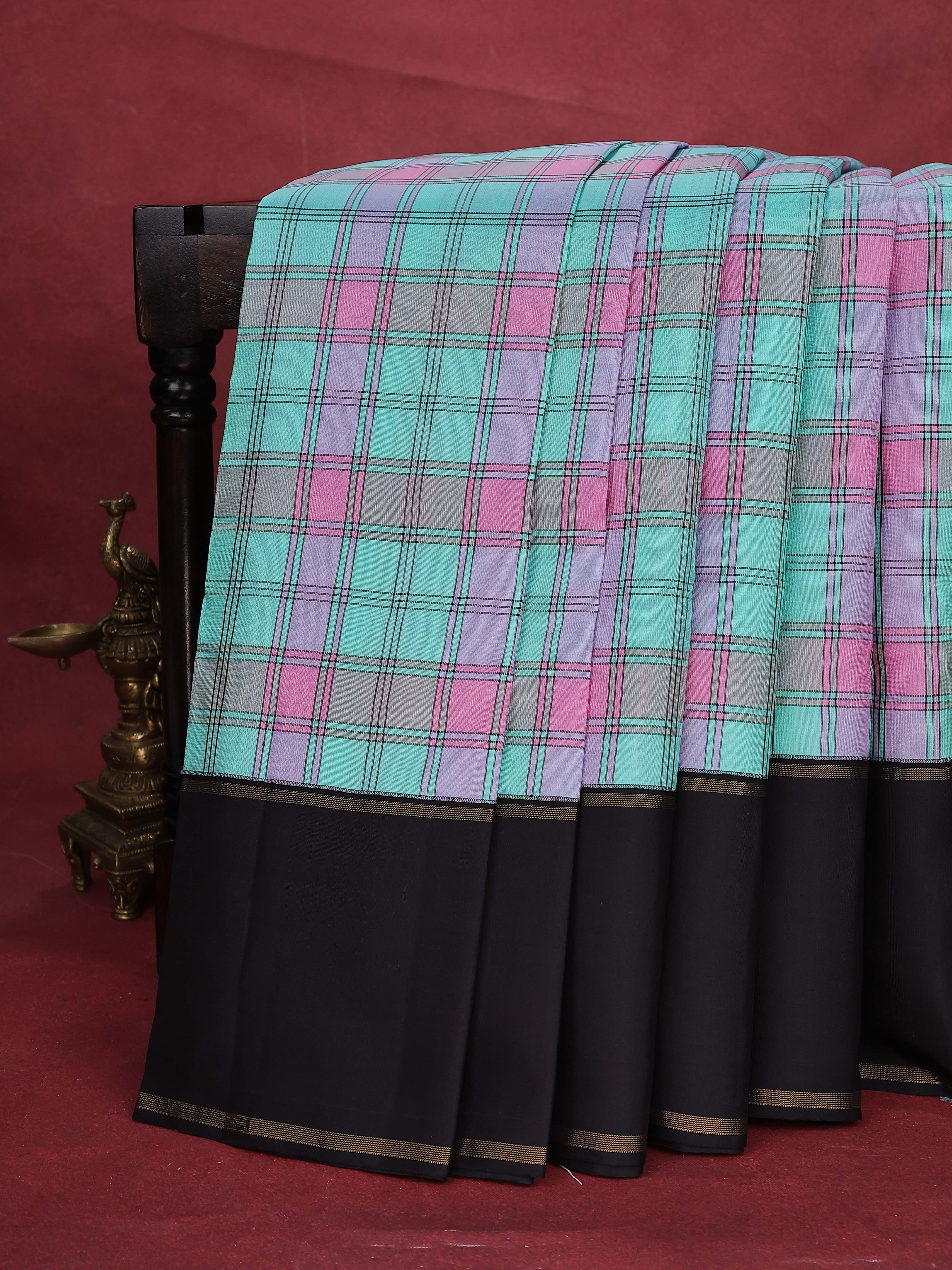 Teal Green-Black Kanchipuram Silk Saree - Image 2