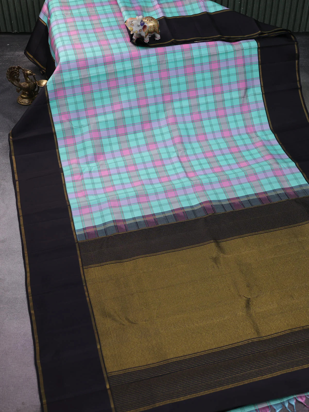 Teal Green-Black Kanchipuram Silk Saree - Image 3
