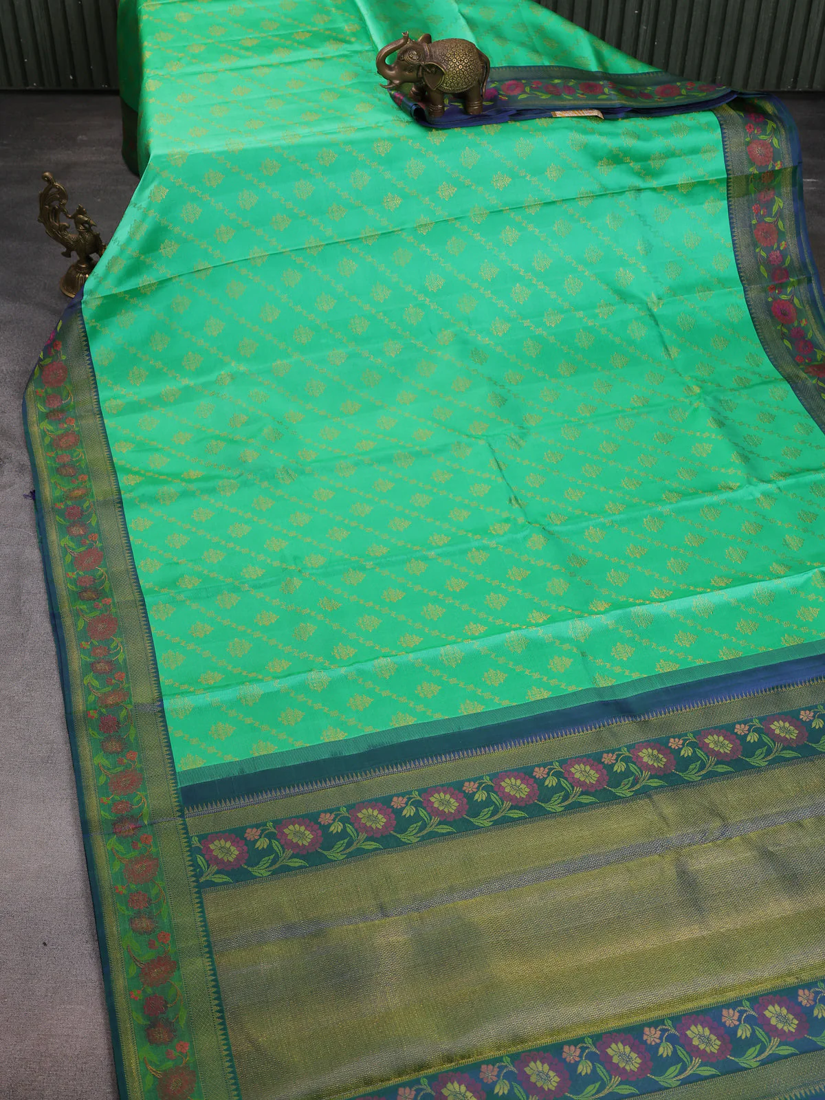 Teal Green-Blue Pure Kanchipuram Silk Saree - Image 2