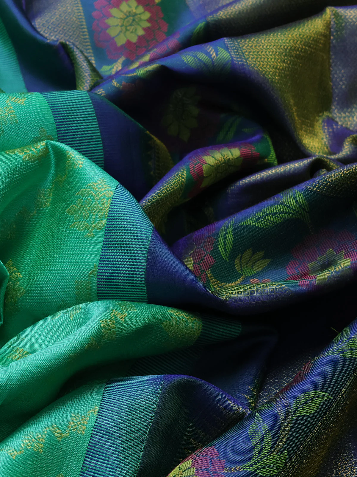 Teal Green-Blue Pure Kanchipuram Silk Saree - Image 3