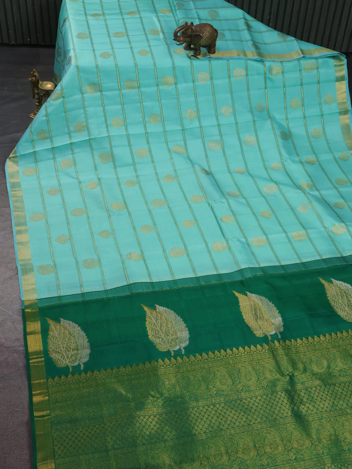 Teal Green-Green Pure Kanchipuram Silk Saree - Image 2