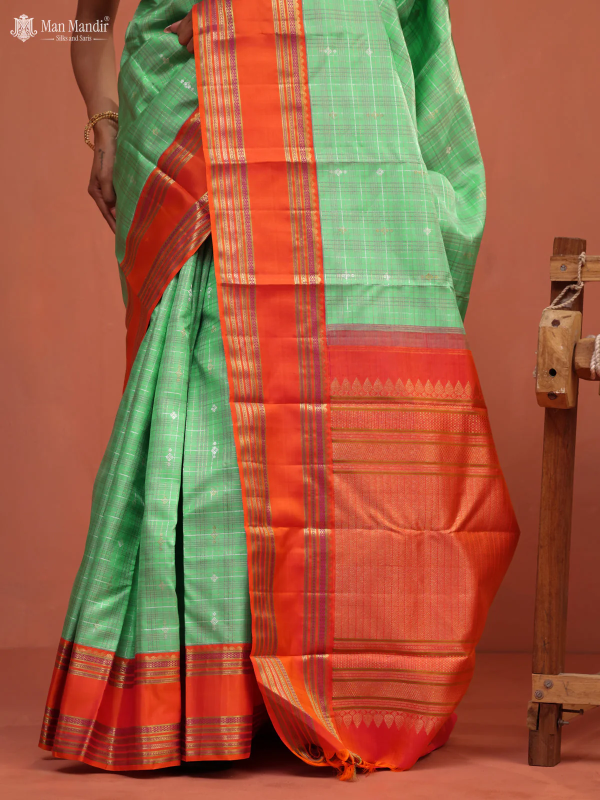 Teal Green - Orange Kanchipuram Silk Saree - Image 2