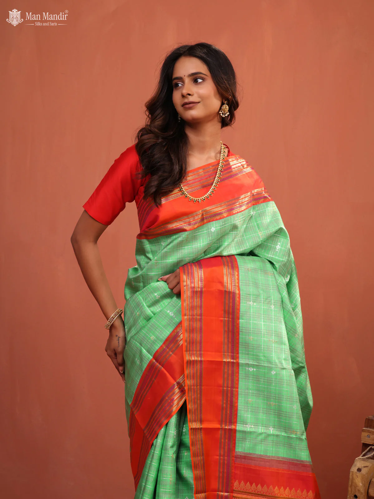 Teal Green - Orange Kanchipuram Silk Saree - Image 3