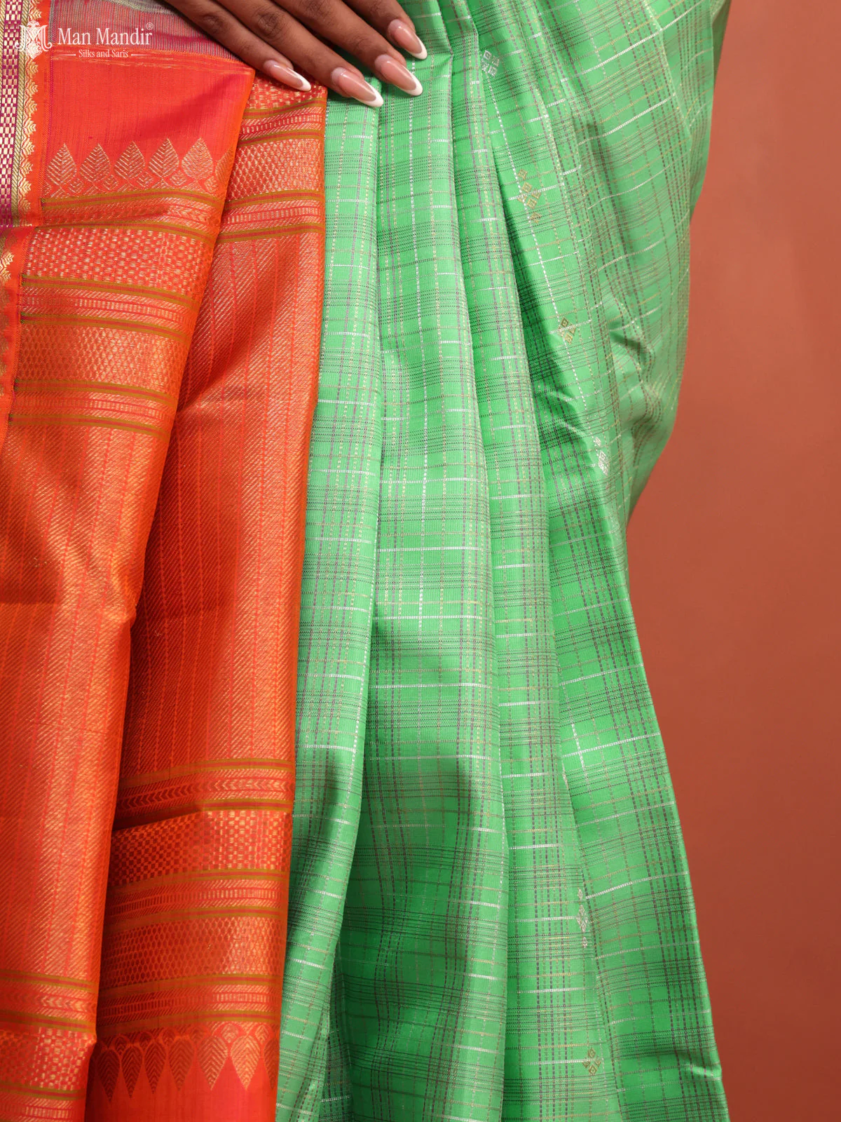 Teal Green - Orange Kanchipuram Silk Saree - Image 4