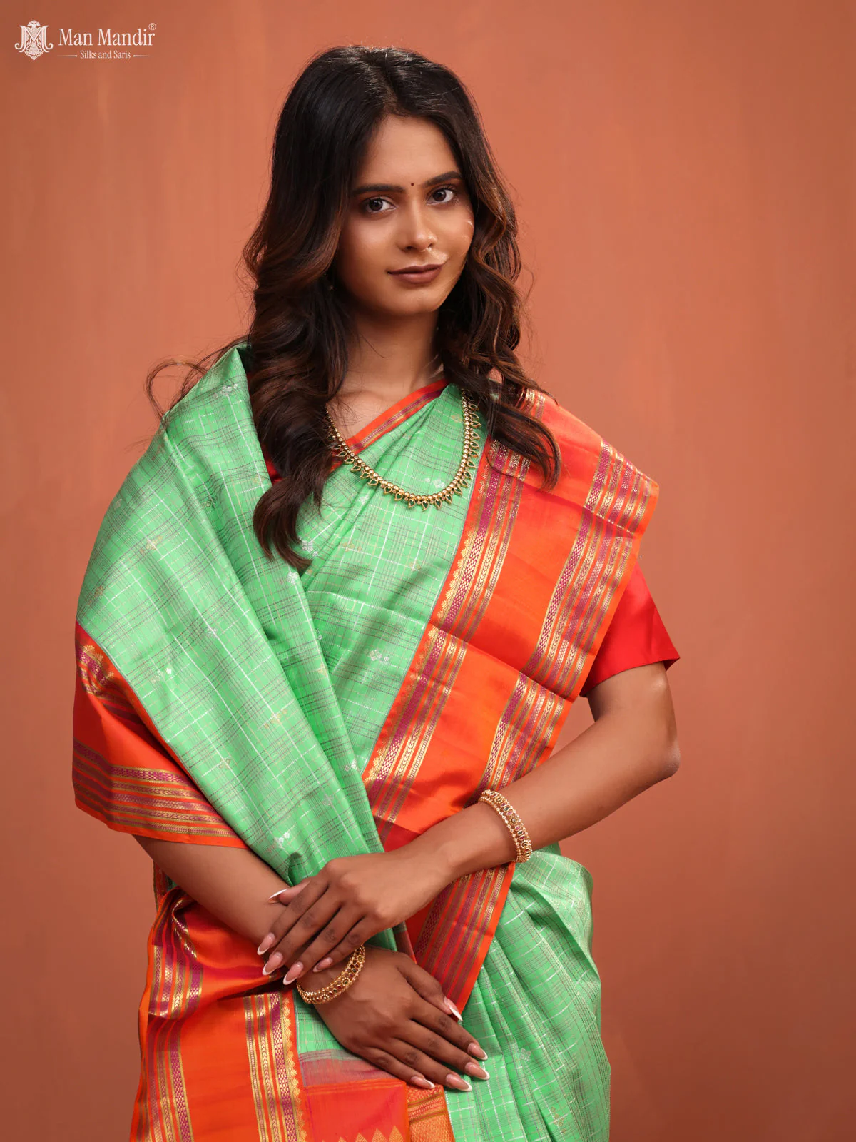 Teal Green - Orange Kanchipuram Silk Saree - Image 5