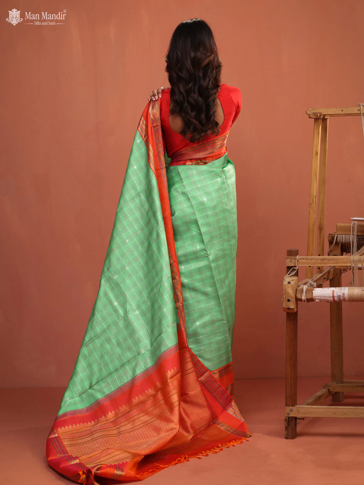 Teal Green - Orange Kanchipuram Silk Saree - Image 6