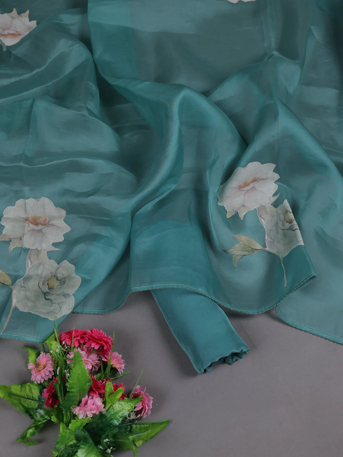 Teal Green Organza Semi Stitched Suit - Image 2