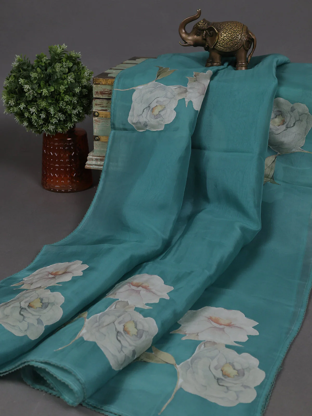 Teal Green Organza Semi Stitched Suit - Image 3
