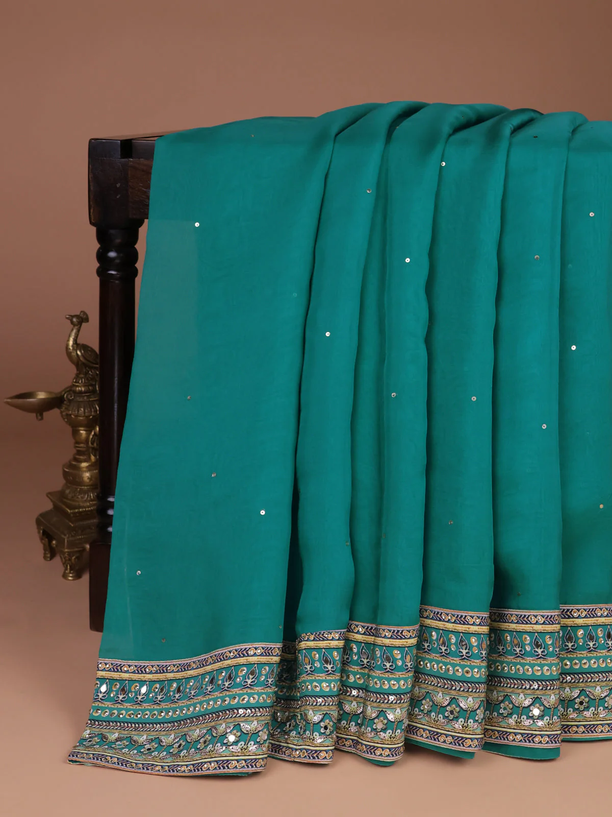 Teal Green Organza Silk Saree - Embroidery Readymade Blouse - Image 2
