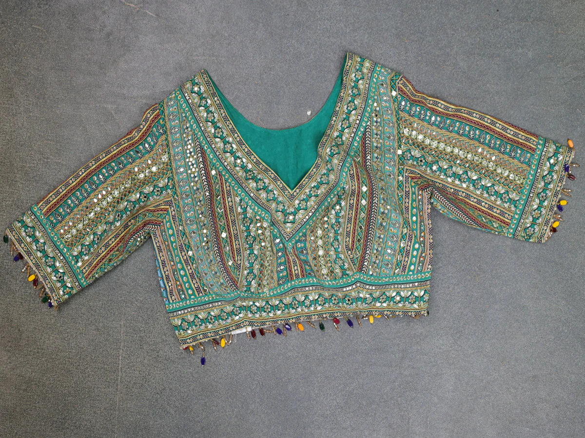 Teal Green Organza Silk Saree - Embroidery Readymade Blouse - Image 3