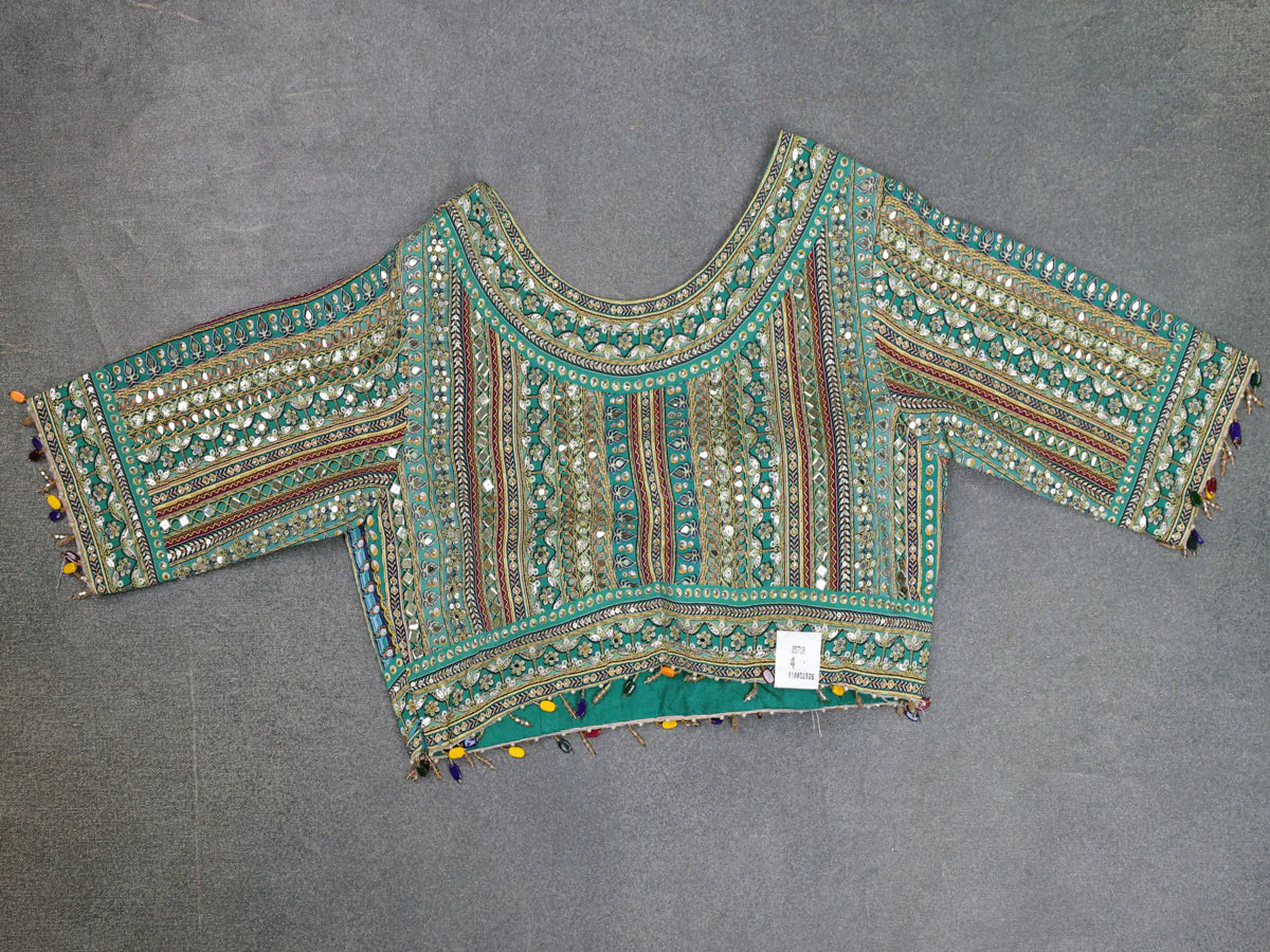 Teal Green Organza Silk Saree - Embroidery Readymade Blouse - Image 4