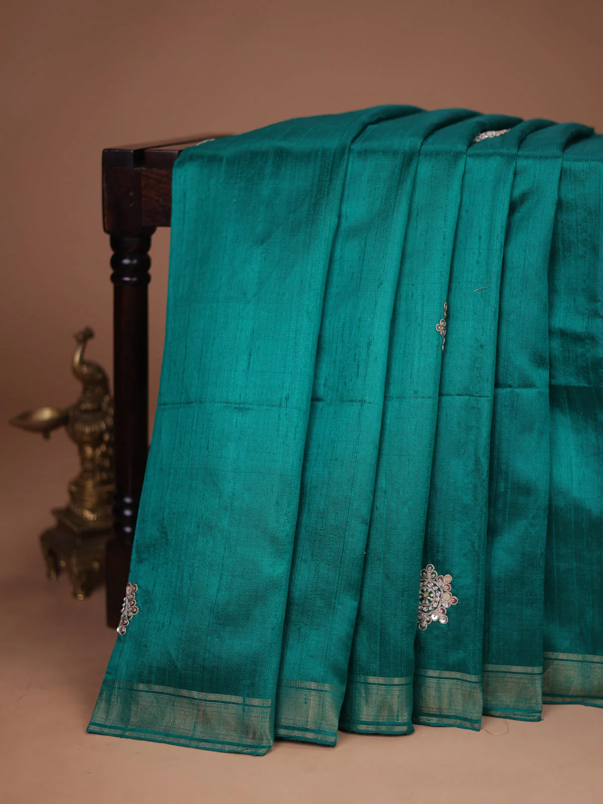 Teal Green-Pink Raw Silk Saree With Embroidered Readymade Blouse - Image 2