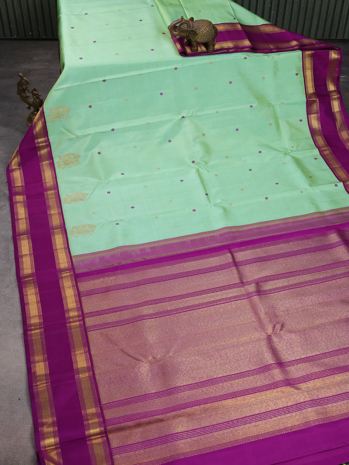 Teal Green-Purple Pure Kanchipuram Silk Saree - Image 2