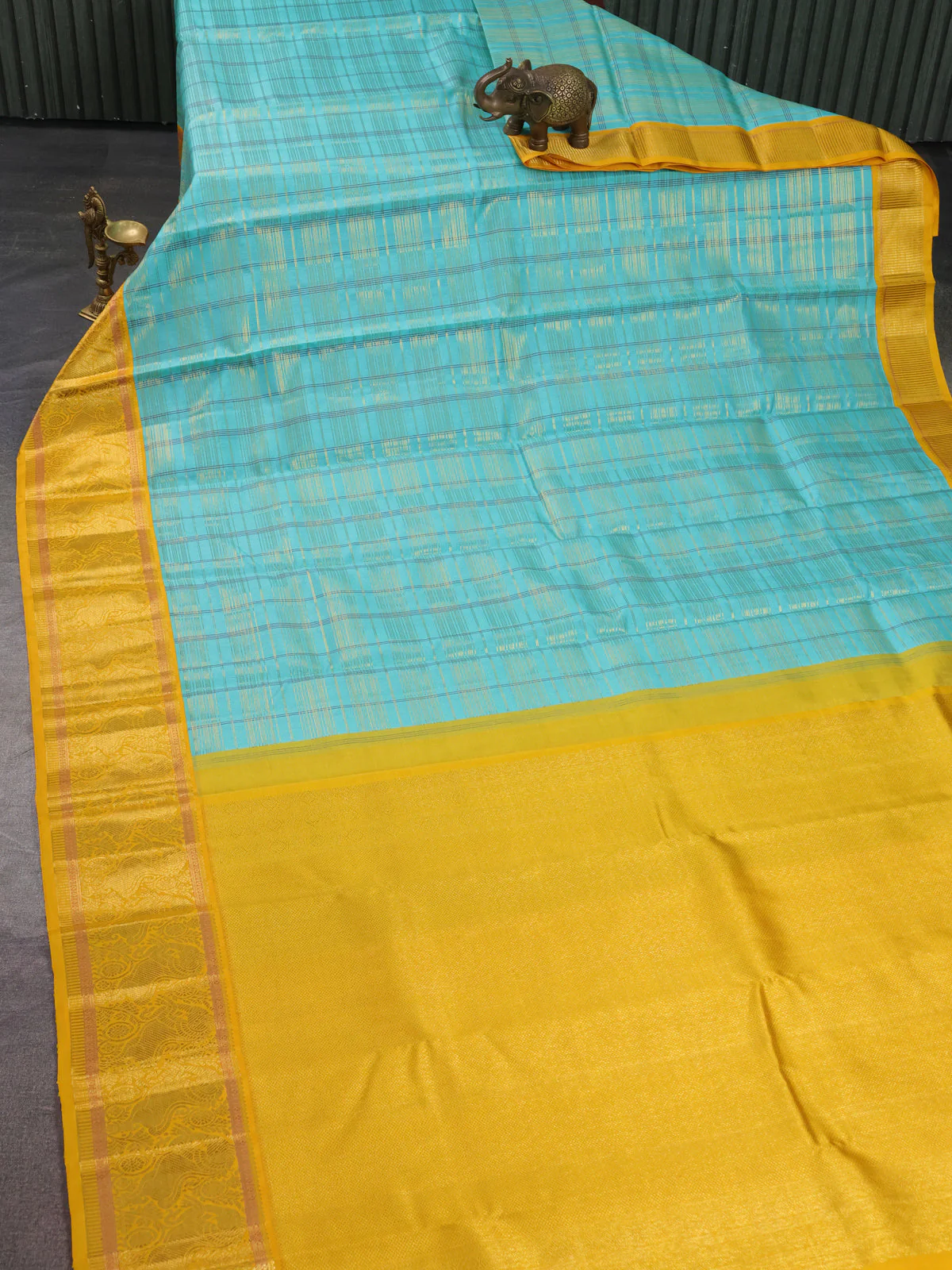 Teal Green-Yellow Pure Kanchipuram Silk Saree - Image 2