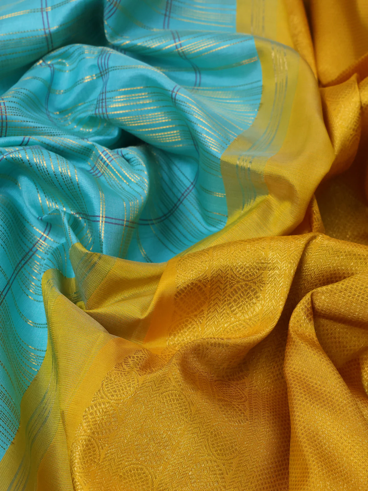 Teal Green-Yellow Pure Kanchipuram Silk Saree - Image 3