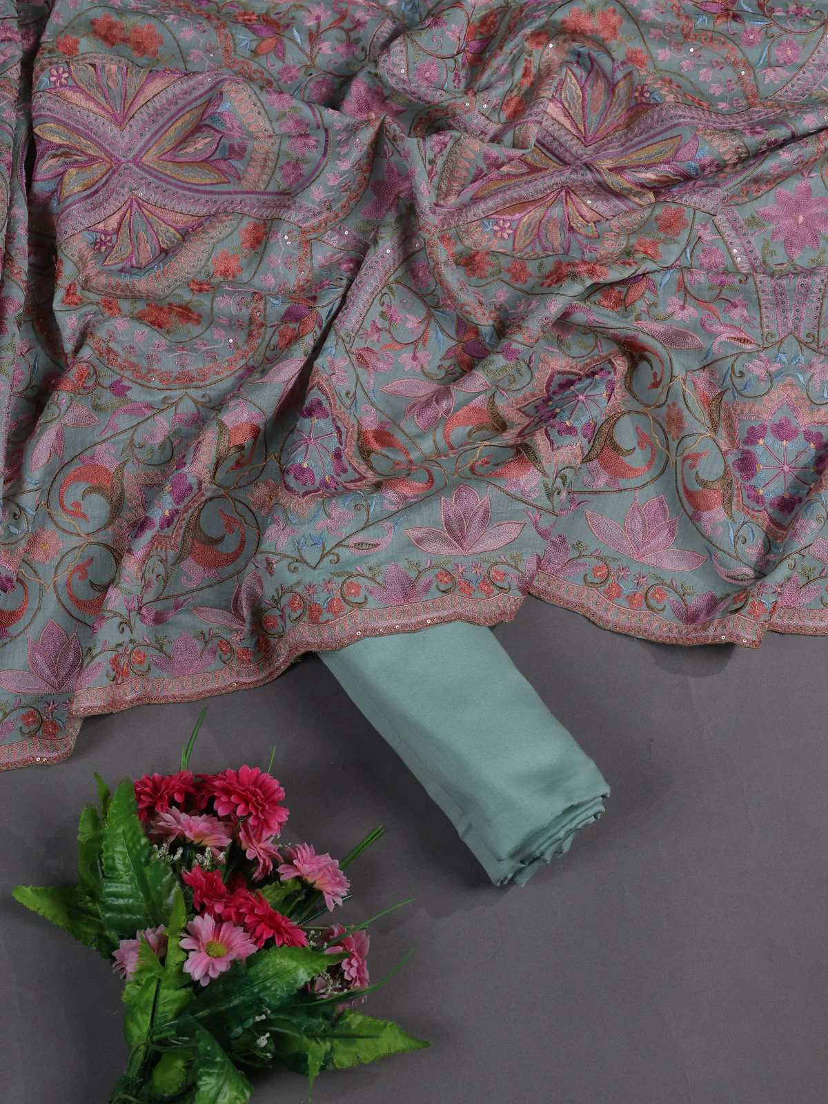 Teal Mul Chanderi Semi Stitched Suit - Image 2
