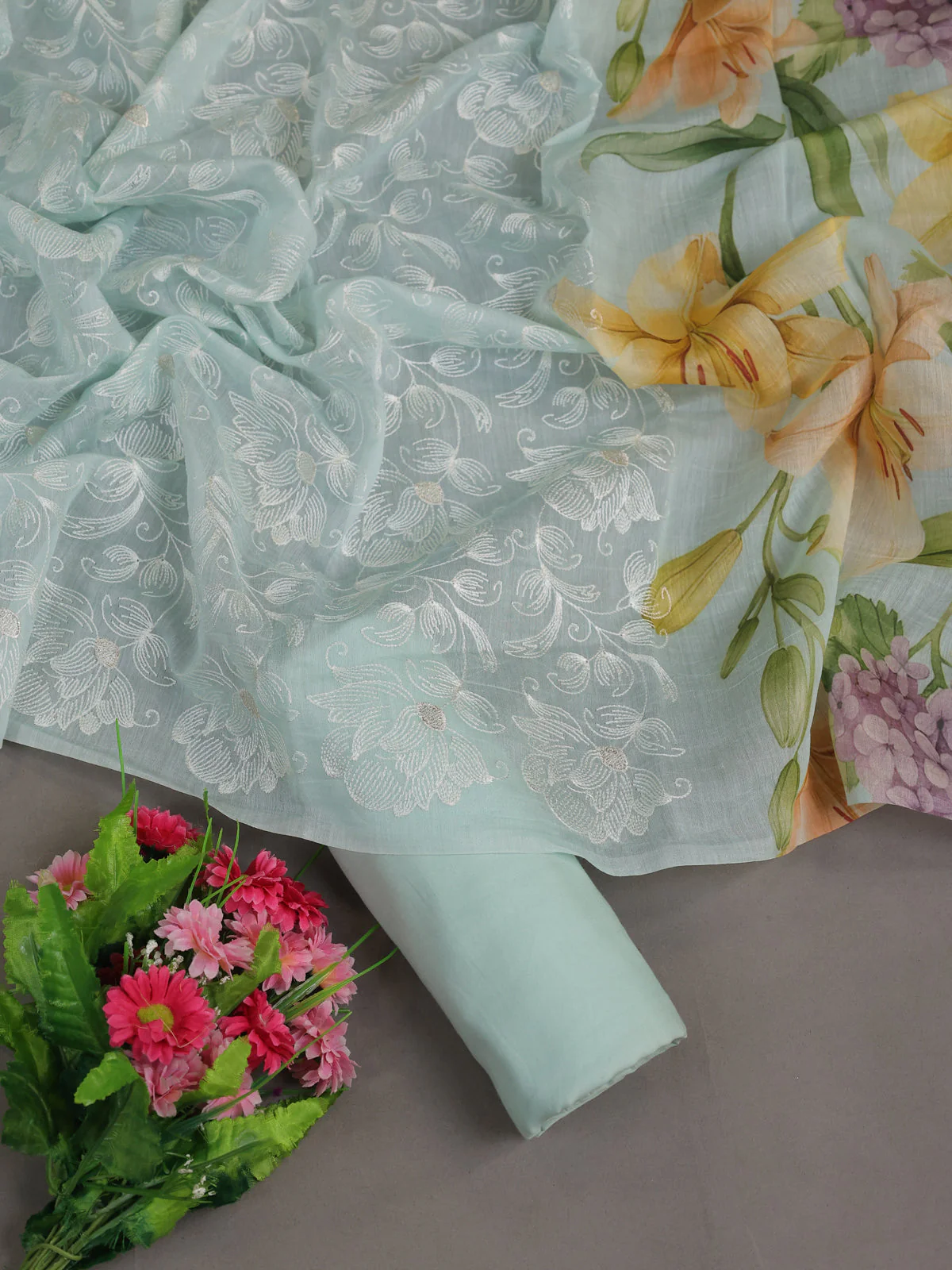 Teal Mul Chanderi Unstitched Suit - Image 2