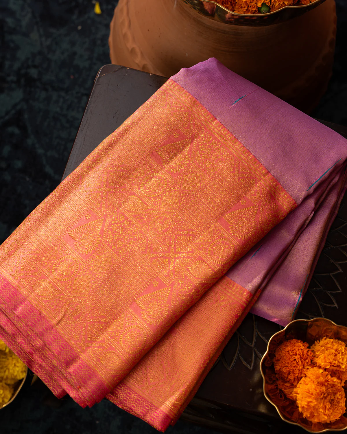Lavender - Pink Tissue Kanchipuram Silk Saree With Long & Short Zari Border - Image 10