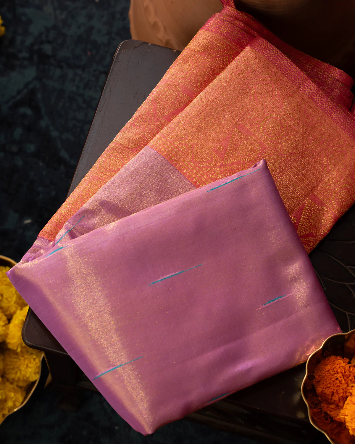 Lavender - Pink Tissue Kanchipuram Silk Saree With Long & Short Zari Border - Image 11