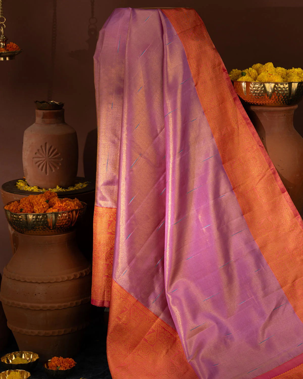 Lavender - Pink Tissue Kanchipuram Silk Saree With Long & Short Zari Border - Image 4