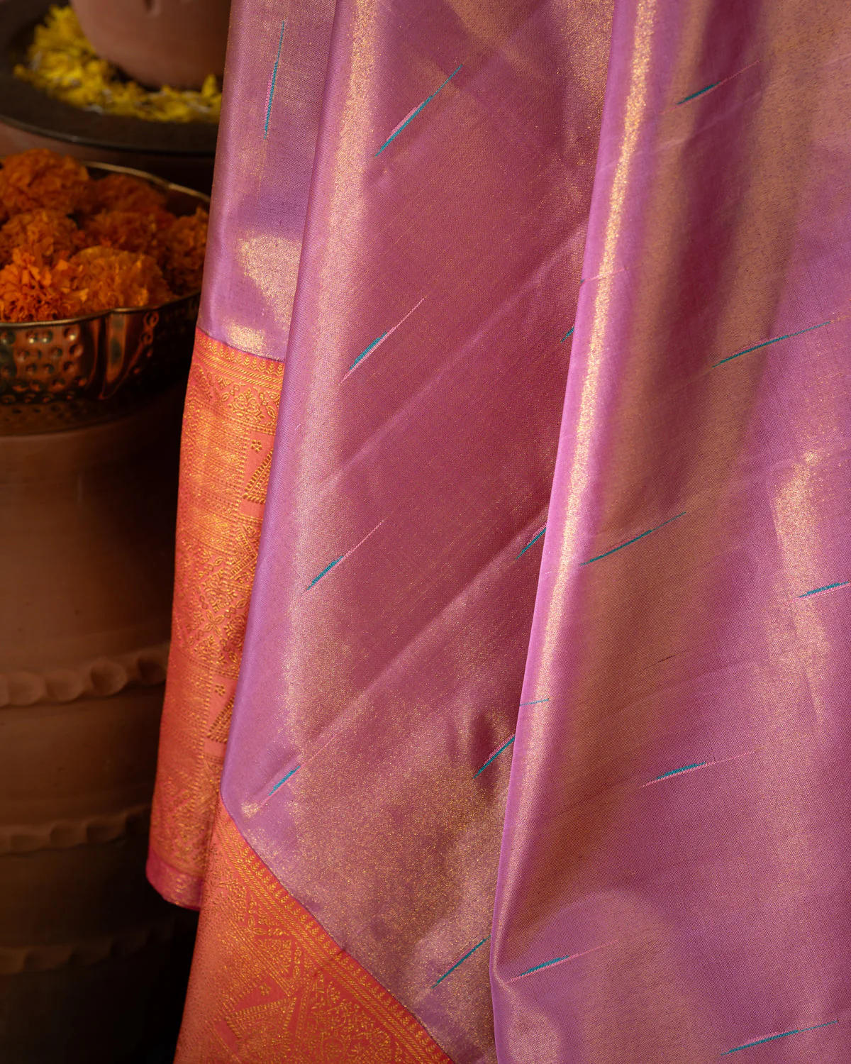 Lavender - Pink Tissue Kanchipuram Silk Saree With Long & Short Zari Border - Image 5