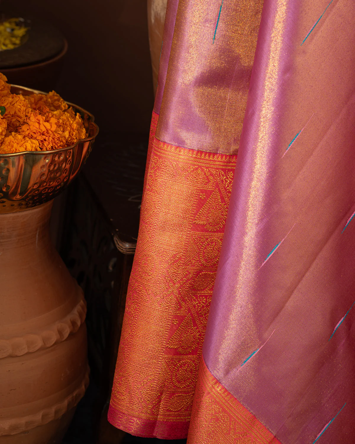Lavender - Pink Tissue Kanchipuram Silk Saree With Long & Short Zari Border - Image 6