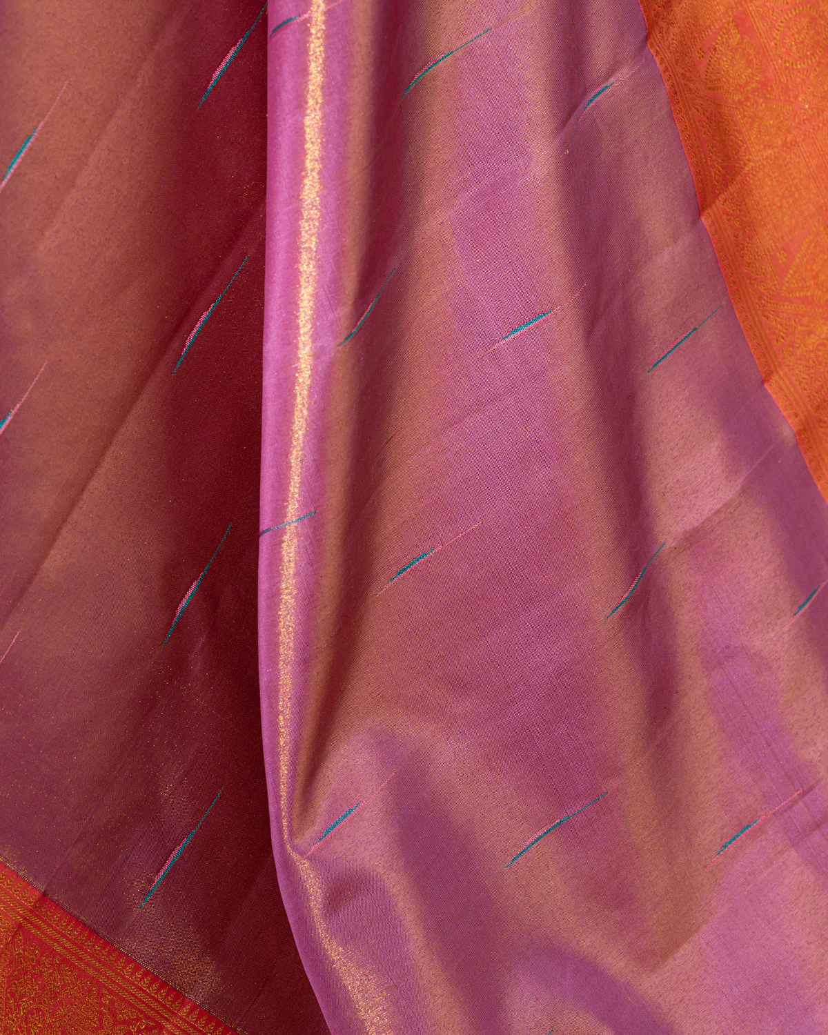 Lavender - Pink Tissue Kanchipuram Silk Saree With Long & Short Zari Border - Image 7